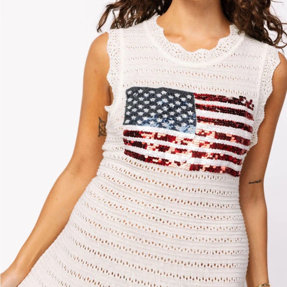 QUEEN OF SPARKLES White Dress with American Flag Design